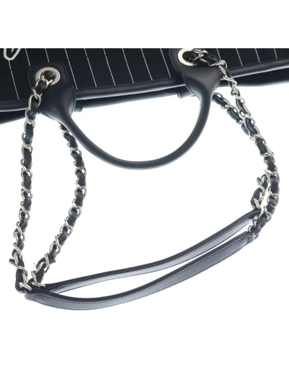 Chanel Deauville GM Canvas Leather Silver 2-Way Chain Tote Plate Black